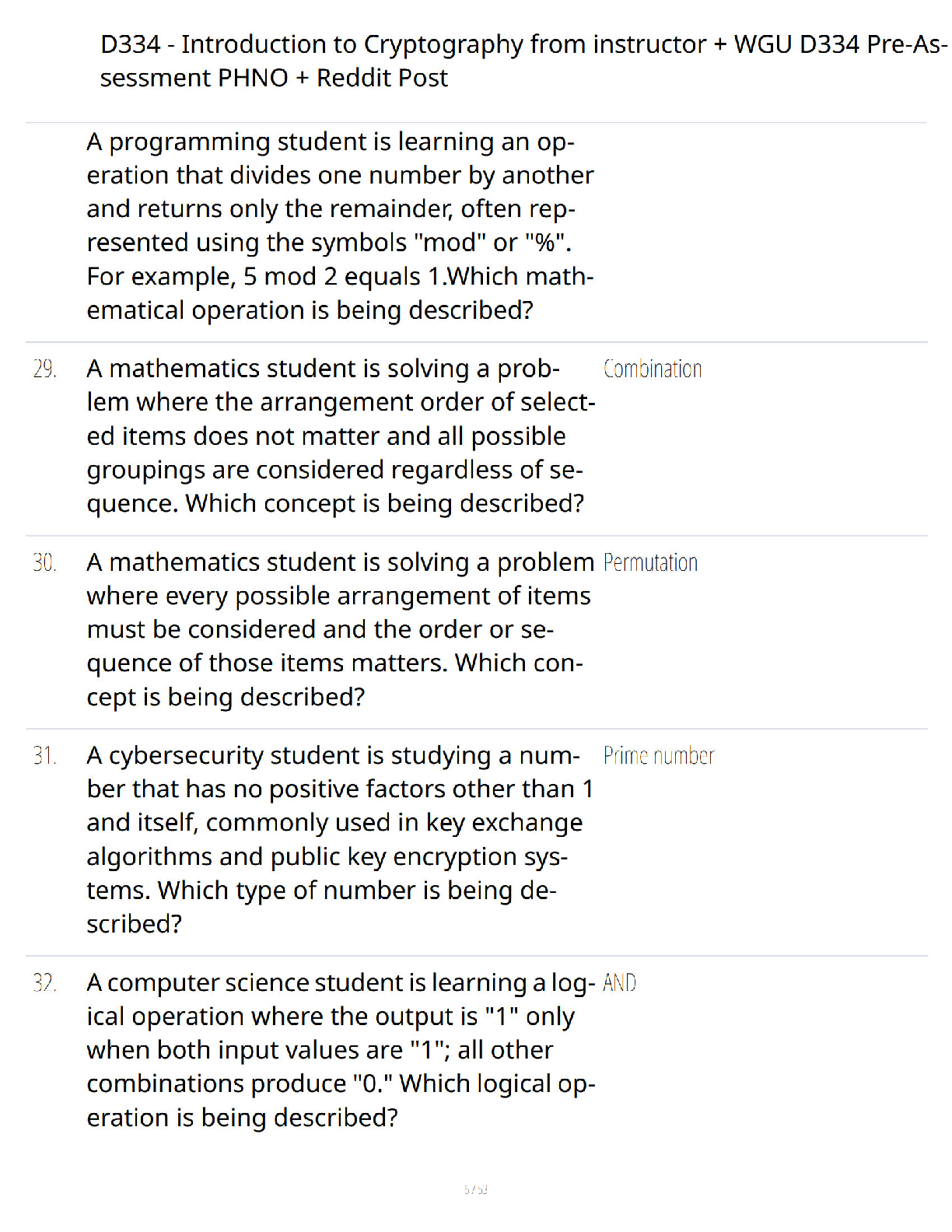 Preview page 6 of D334 Introduction to Cryptography from Instructor WGU D334 Pre-Assessment PHNO and Reddit Post - Verified Questions and