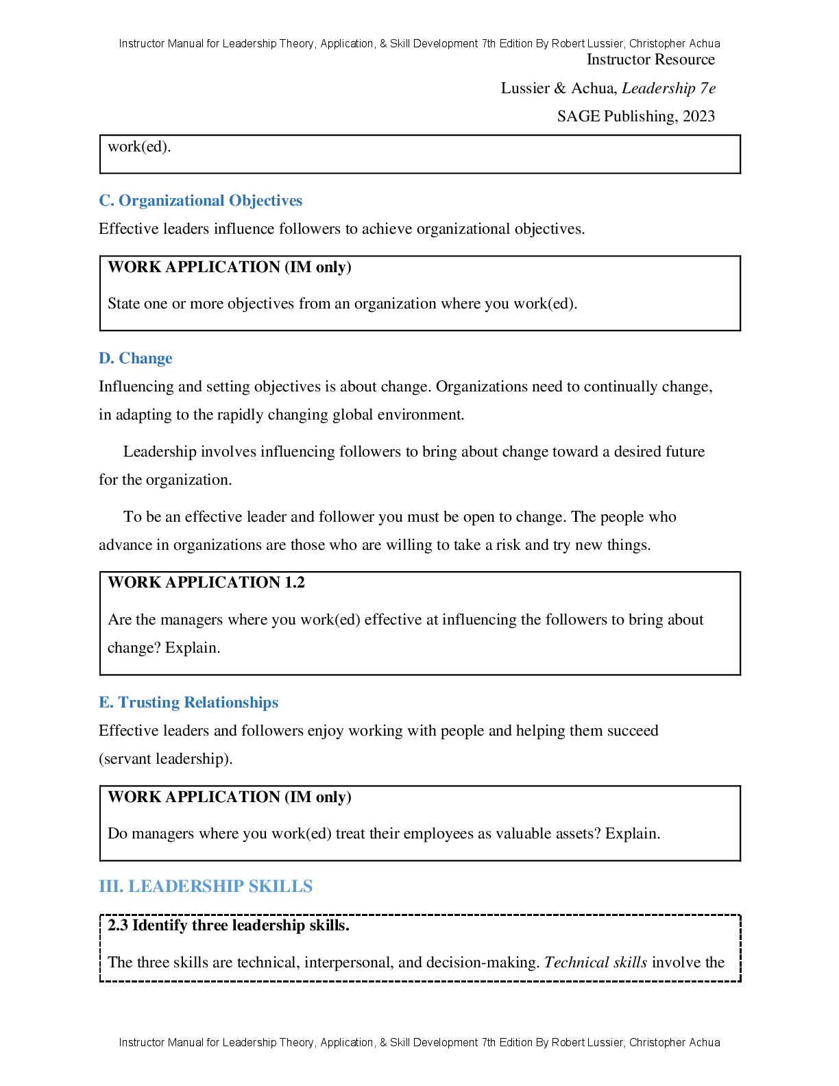 Preview page 2 of Instructor Manual Leadership Theory, Application, & Skill Development 7th Edition By Robert Lussier, Christopher Achua