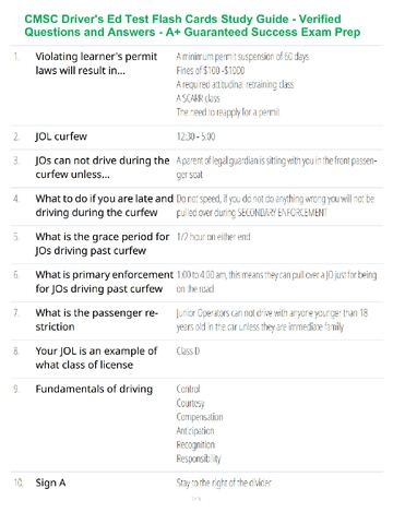 Preview page 5 of CMSC Driver's Ed Test Flash Cards Study Guide - Verified Questions and Answers - A+ Guaranteed Success Exam Prep