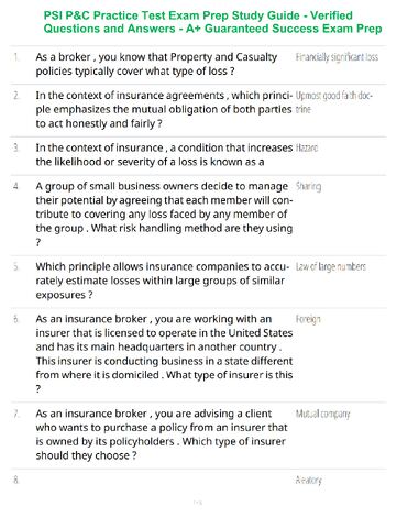 Preview page 5 of PSI P&C Practice Test Exam Prep Study Guide - Verified Questions and Answers - A+ Guaranteed Success Exam Prep