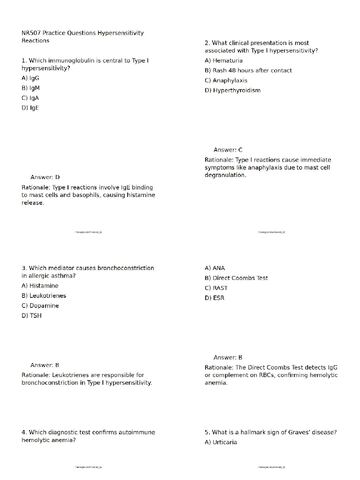 Preview page 2 of NR507 Week 1 Study Questions on Hypersensitivity Reactions | Score 100% | New Version 2026