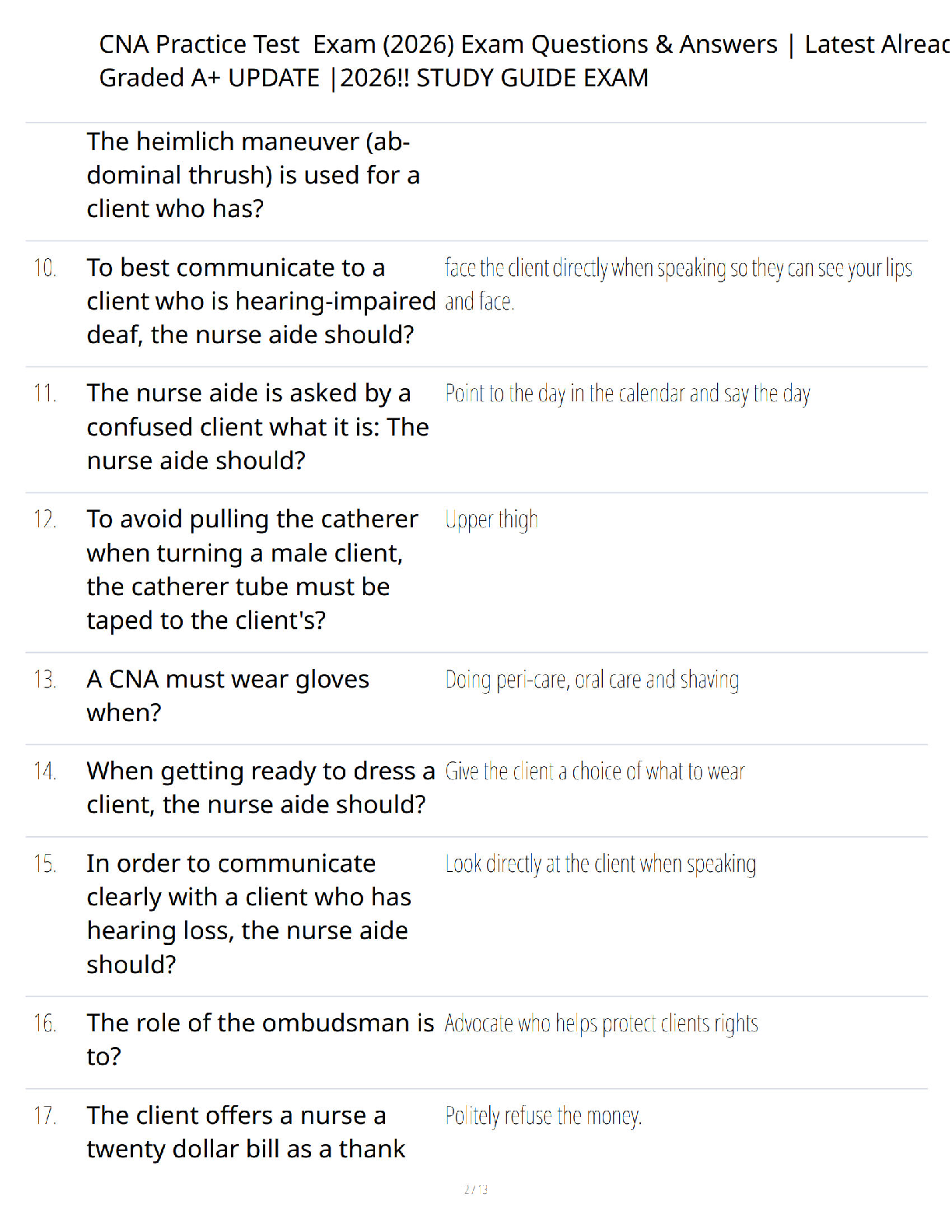 Preview page 2 of CNA Practice Test Exam 2026 Study Guide - Verified Questions & Answers - Latest Updated Edition - A+ Guaranteed Success