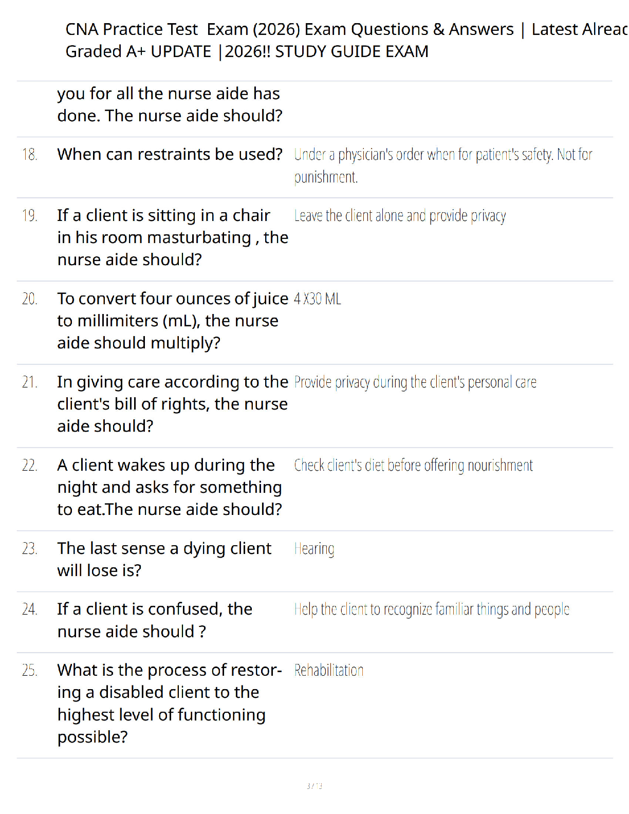 Preview page 3 of CNA Practice Test Exam 2026 Study Guide - Verified Questions & Answers - Latest Updated Edition - A+ Guaranteed Success