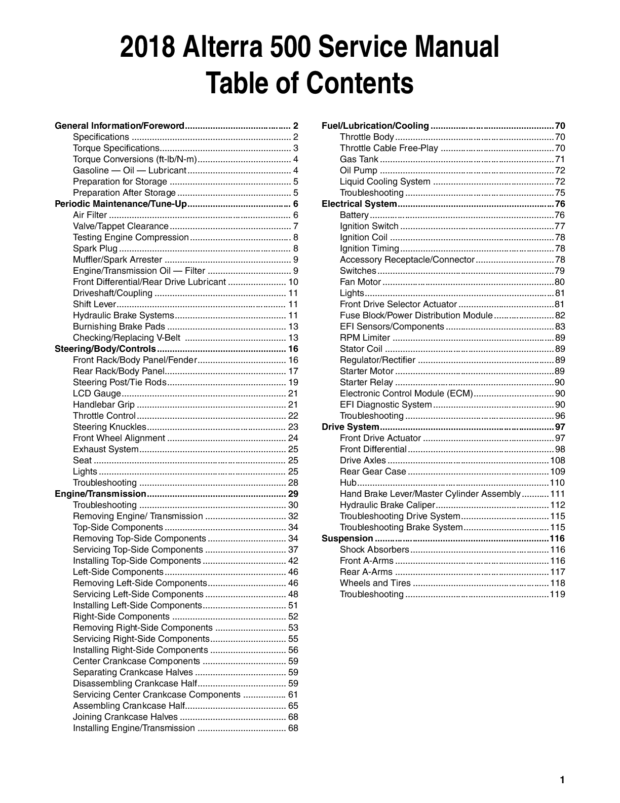 Preview page 3 of Arctic Cat Alterra 500 Service Manual 2018