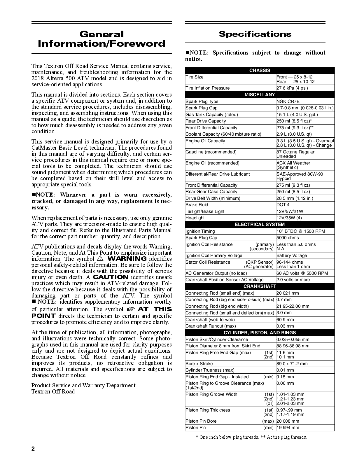 Preview page 4 of Arctic Cat Alterra 500 Service Manual 2018
