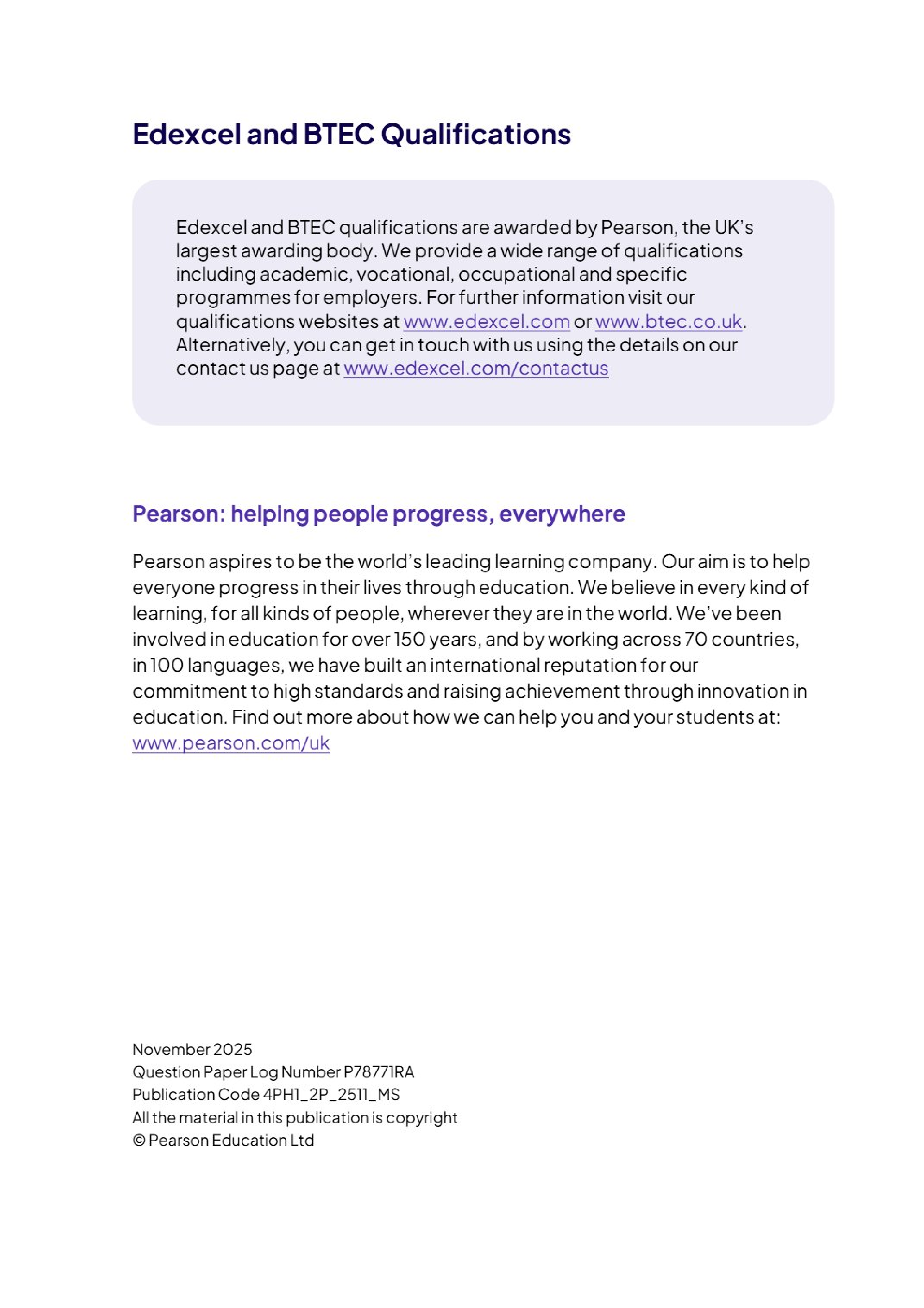 Preview page 2 of Pearson Edexcel International GCSE in Physics ( 4PH1/2P ) Mark Scheme  November 2025