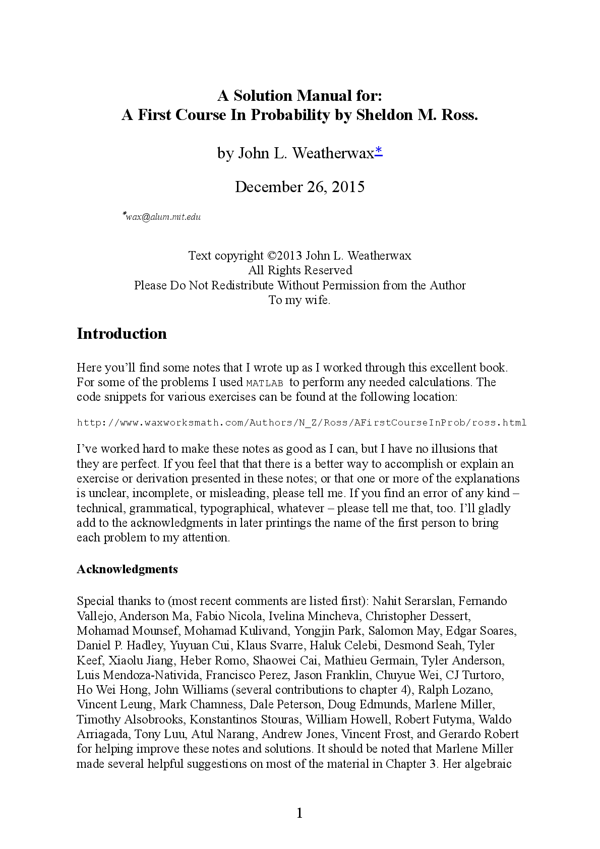 Preview page 2 of Solution Manual for A First Course In Probability (2015) By Sheldon Ross, John Weatherwax