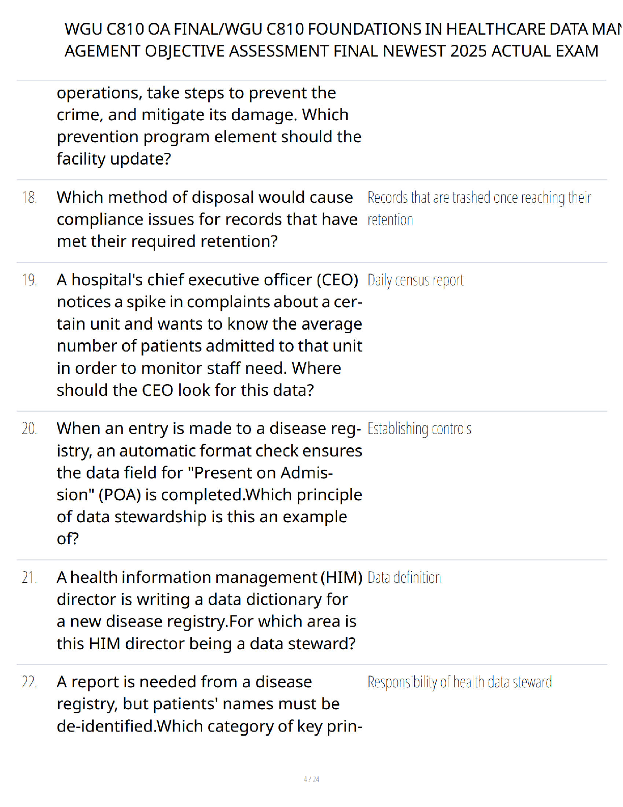 Preview page 3 of WGU C810 Foundations in Healthcare Data Management Objective Assessment Final Exam Study Guide - Verified Questions and