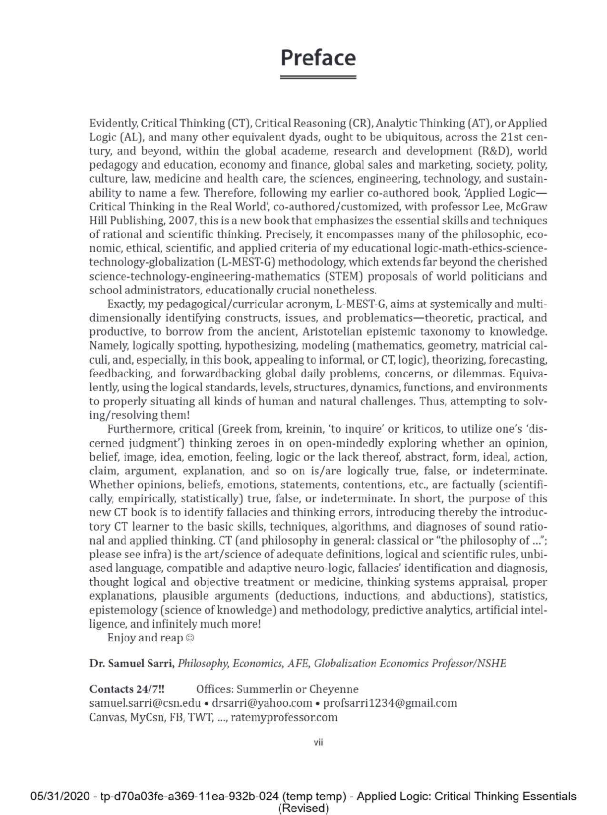 Preview page 7 of eBook PDF Applied Logic Critical Thinking Essentials (Revised) 1st Edition By Samuel Sarri
