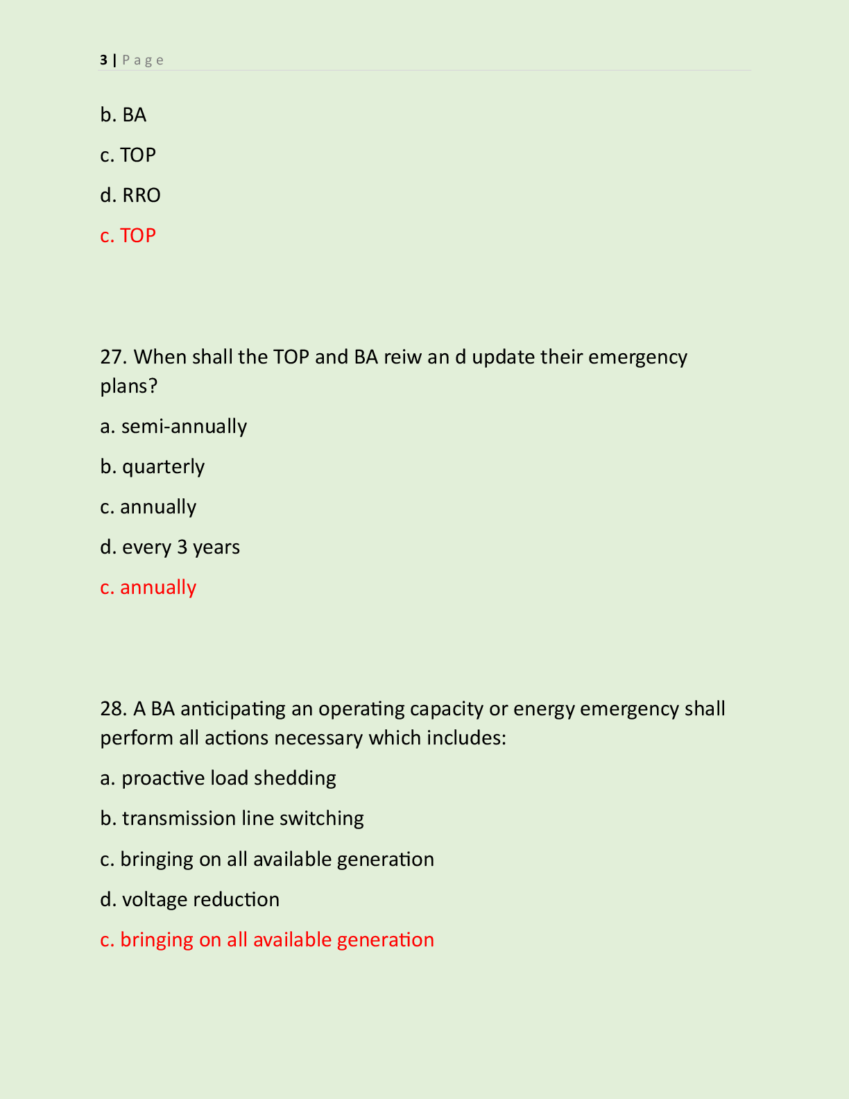 Preview page 3 of ADDITIONAL NERC TRANSMISSION EXAM QUESTIONS  NERC CERTIFICATION PRACTICE AND SYSTEM  OPERATIONS 2026/ 2027 ENERGY SYSTEM