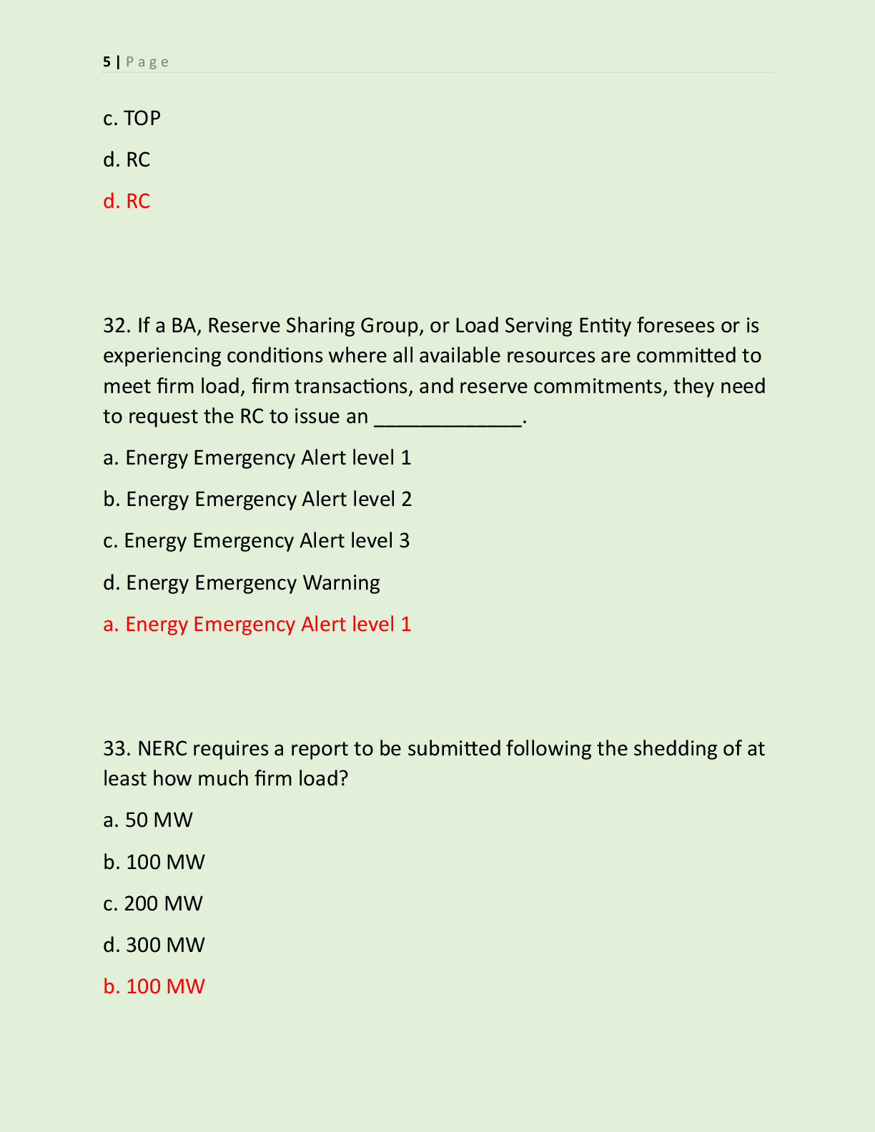 Preview page 4 of ADDITIONAL NERC TRANSMISSION EXAM QUESTIONS  NERC CERTIFICATION PRACTICE AND SYSTEM  OPERATIONS 2026/ 2027 ENERGY SYSTEM