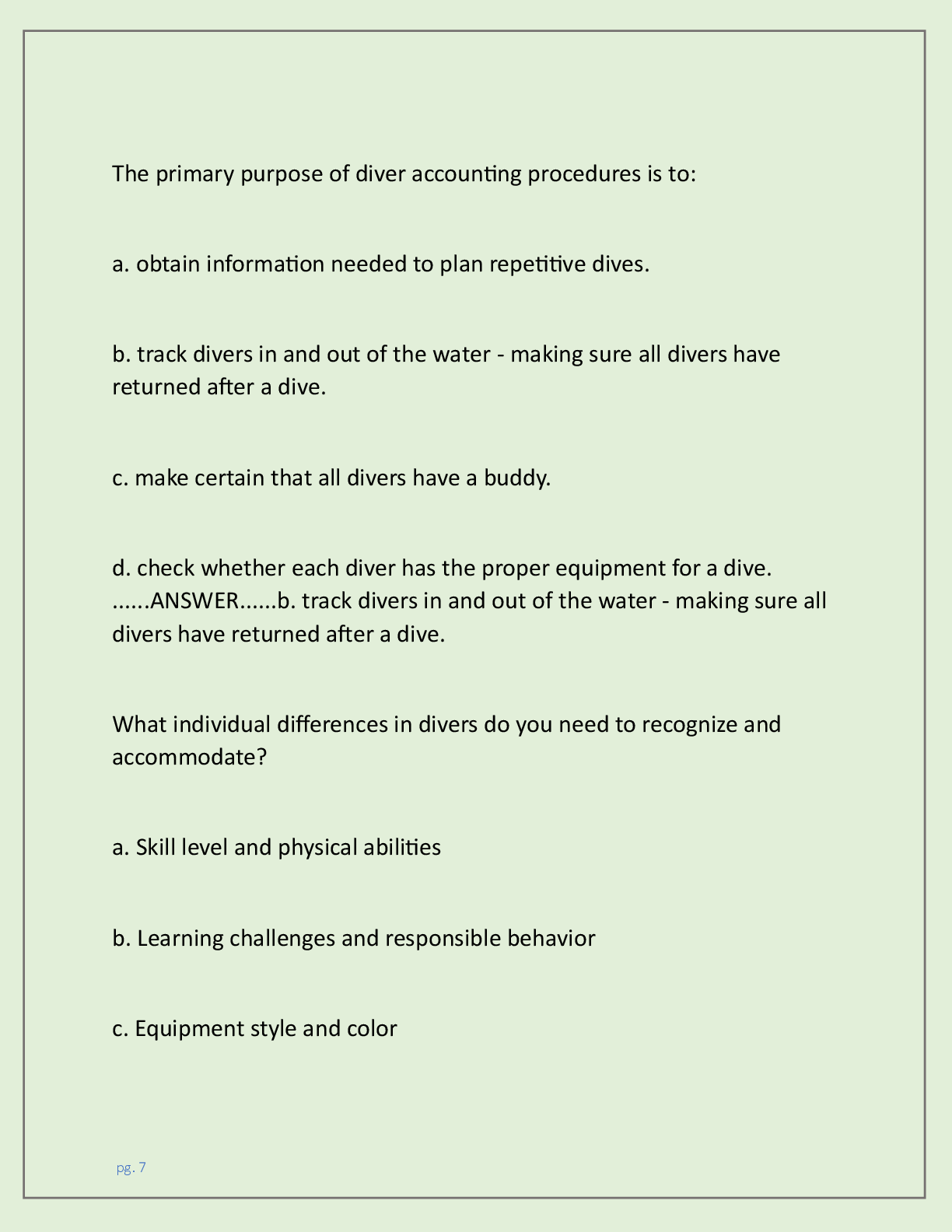 Preview page 7 of DIVEMASTER FINAL EXAM A COMPLETE TEST , PRACTICE  QUESTIONS, VERIFIED ANSWER KEY, AND STUDY GUIDE  FOR (LATEST 2026 EDIT