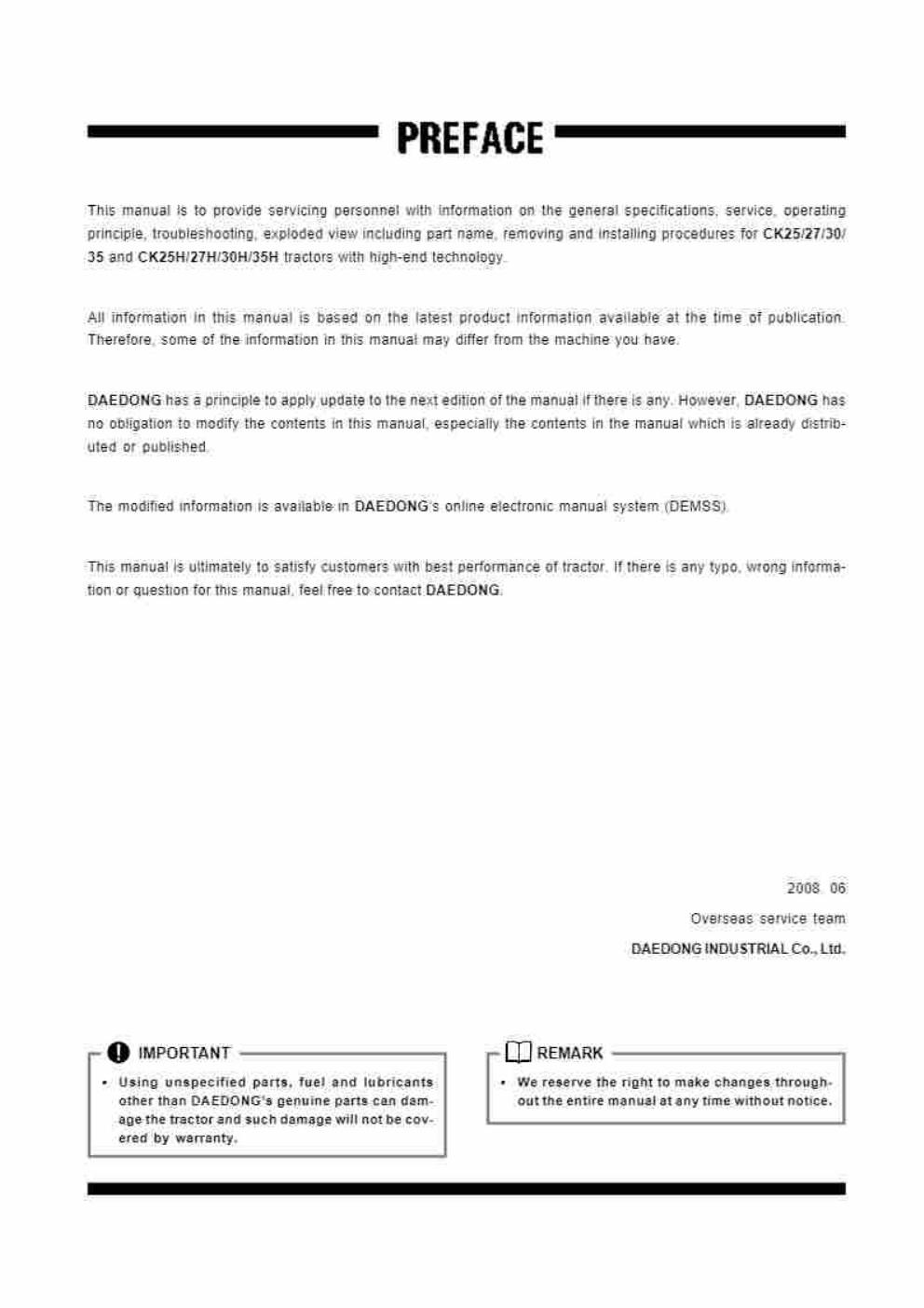 Preview page 2 of Kioti CK25 CK27 CK30 CK35 workshop manual