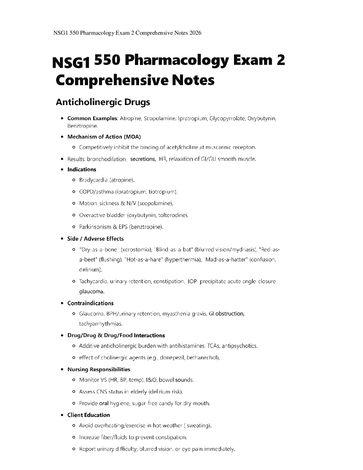 Preview page 2 of NSG1 550 Pharmacology Exam 2 Comprehensive Notes 2026