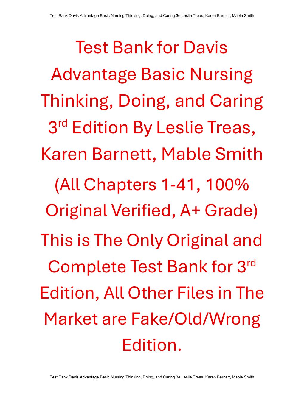 Preview page 2 of Test Bank Davis Advantage Basic Nursing Thinking, Doing, and Caring 3rd Edition By Leslie Treas, Karen Barnett, Mable Sm