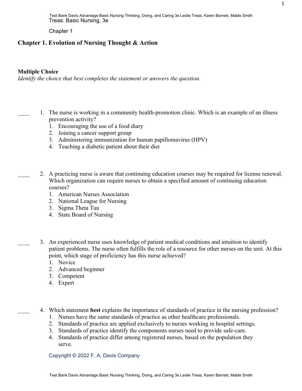Preview page 3 of Test Bank Davis Advantage Basic Nursing Thinking, Doing, and Caring 3rd Edition By Leslie Treas, Karen Barnett, Mable Sm