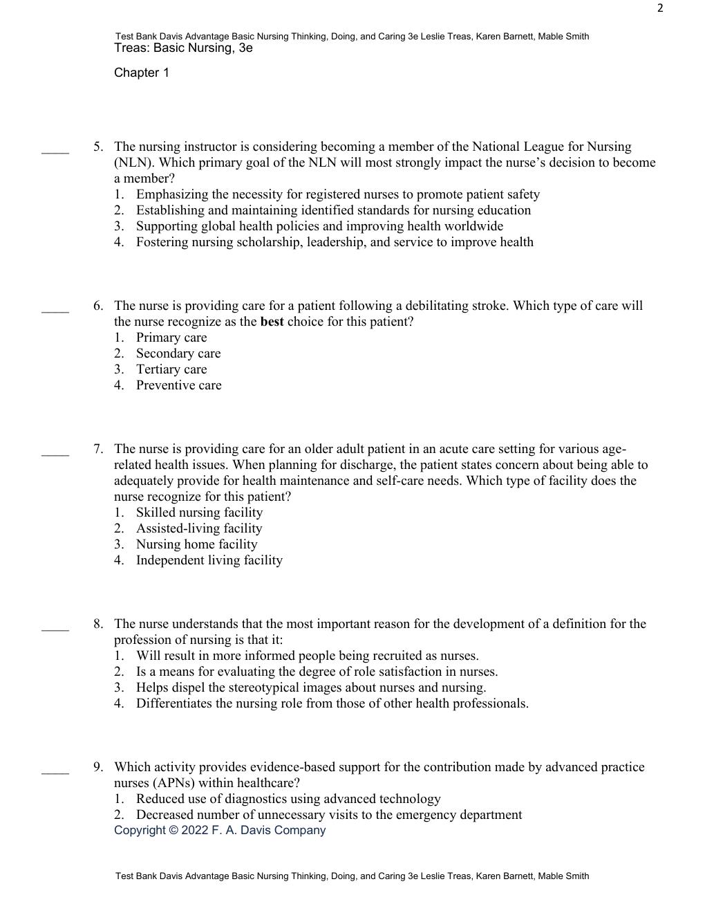 Preview page 4 of Test Bank Davis Advantage Basic Nursing Thinking, Doing, and Caring 3rd Edition By Leslie Treas, Karen Barnett, Mable Sm