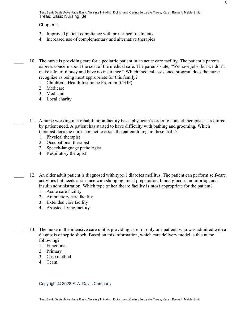 Preview page 5 of Test Bank Davis Advantage Basic Nursing Thinking, Doing, and Caring 3rd Edition By Leslie Treas, Karen Barnett, Mable Sm