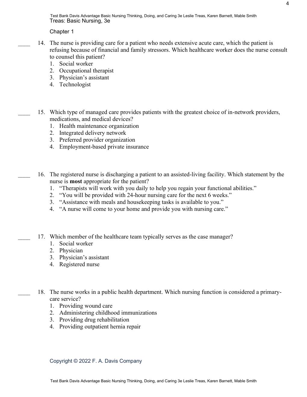 Preview page 6 of Test Bank Davis Advantage Basic Nursing Thinking, Doing, and Caring 3rd Edition By Leslie Treas, Karen Barnett, Mable Sm