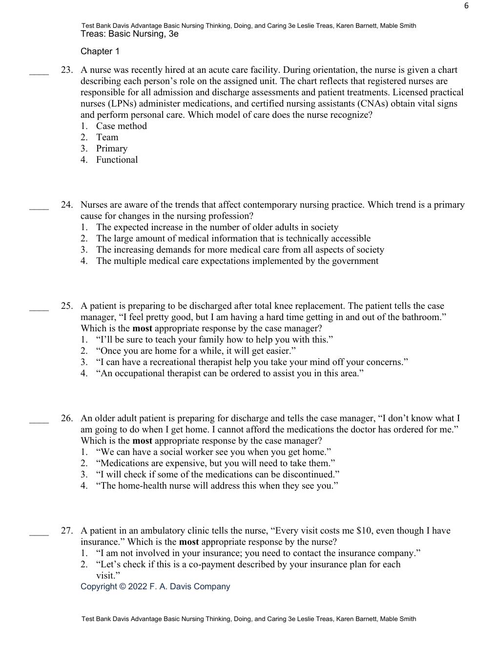 Preview page 8 of Test Bank Davis Advantage Basic Nursing Thinking, Doing, and Caring 3rd Edition By Leslie Treas, Karen Barnett, Mable Sm