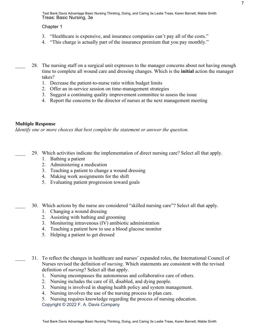 Preview page 9 of Test Bank Davis Advantage Basic Nursing Thinking, Doing, and Caring 3rd Edition By Leslie Treas, Karen Barnett, Mable Sm