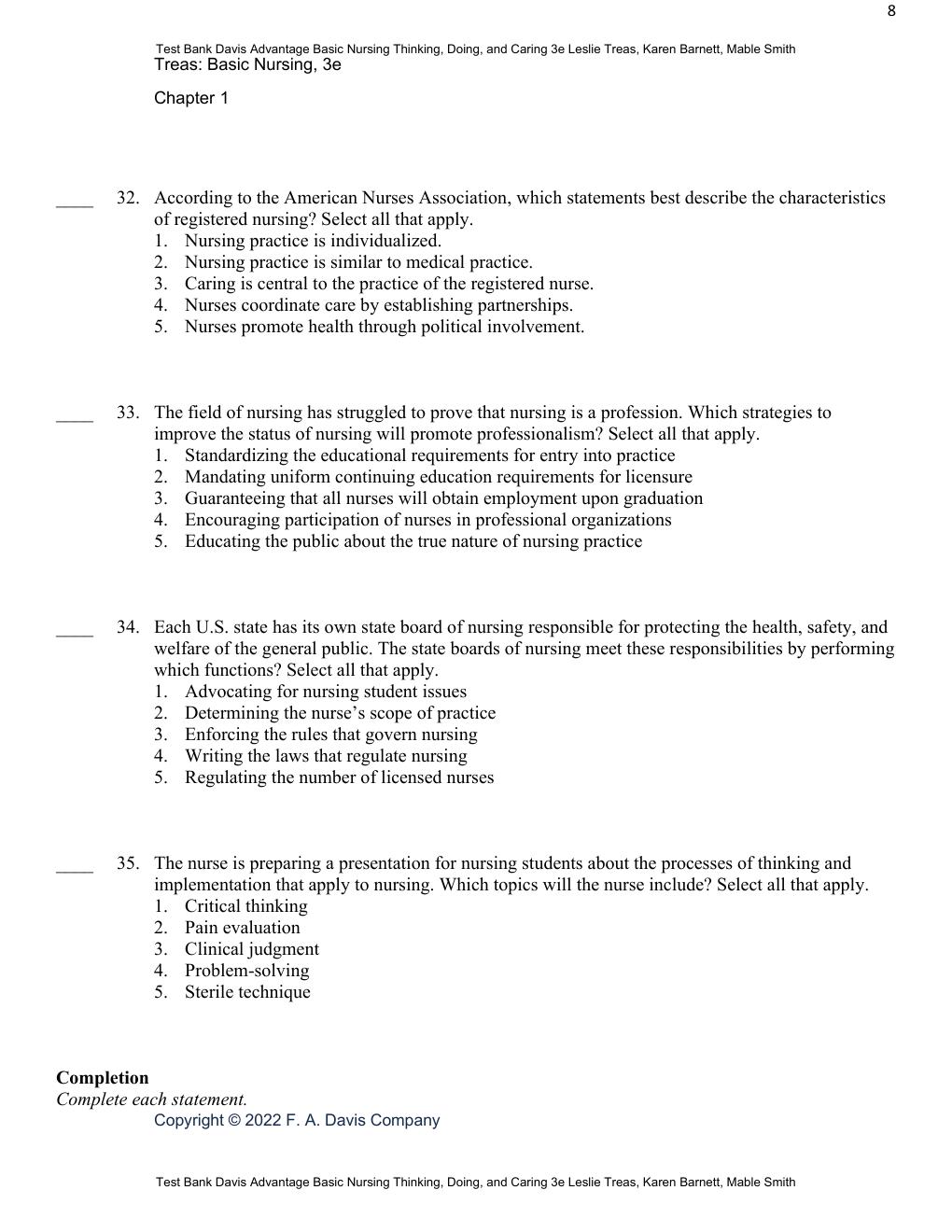 Preview page 10 of Test Bank Davis Advantage Basic Nursing Thinking, Doing, and Caring 3rd Edition By Leslie Treas, Karen Barnett, Mable Sm