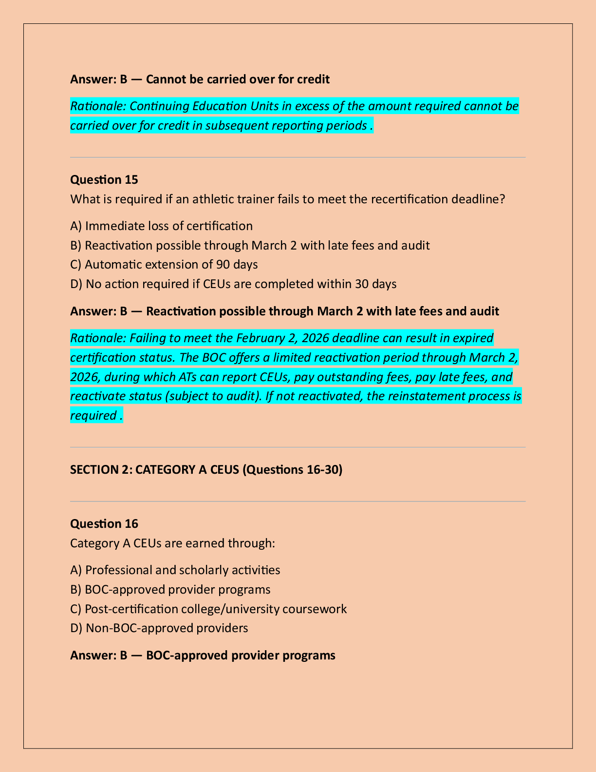 Preview page 7 of BOC Re-Certification Continuing Education  Requirements (CEUs) Exam Practice Questions And  Correct Answers (Verified An