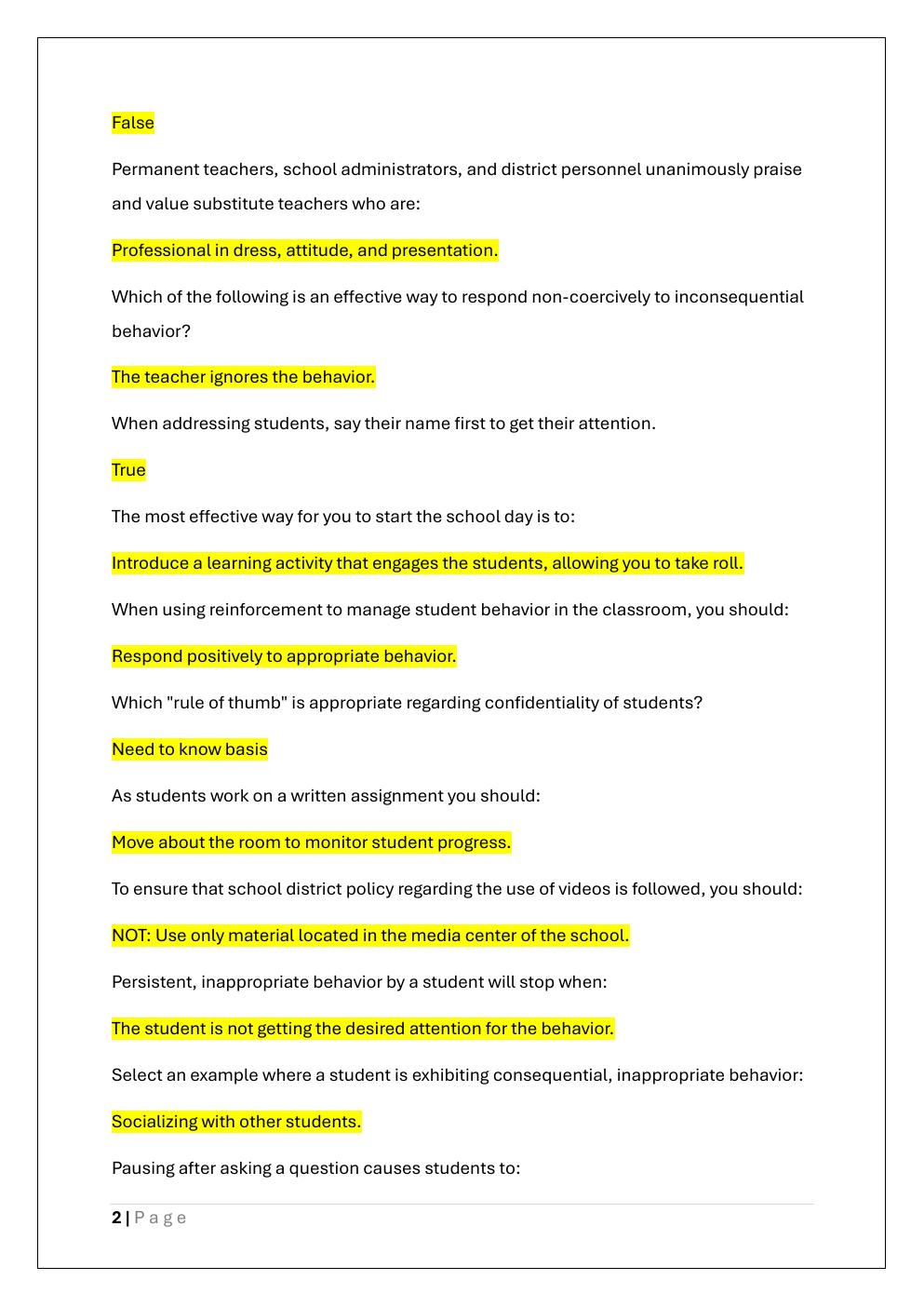 Preview page 2 of STEDI SUBSTITUTE TEACHER EXAM –  STEDI.ORG
