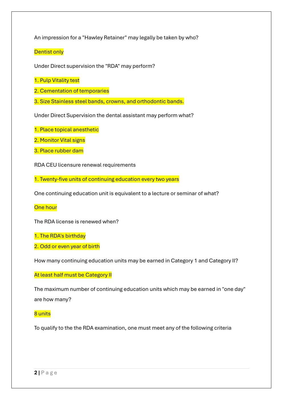 Preview page 2 of RDA PRACTICE EXAM AND STUDY GUIDE  EXAM
