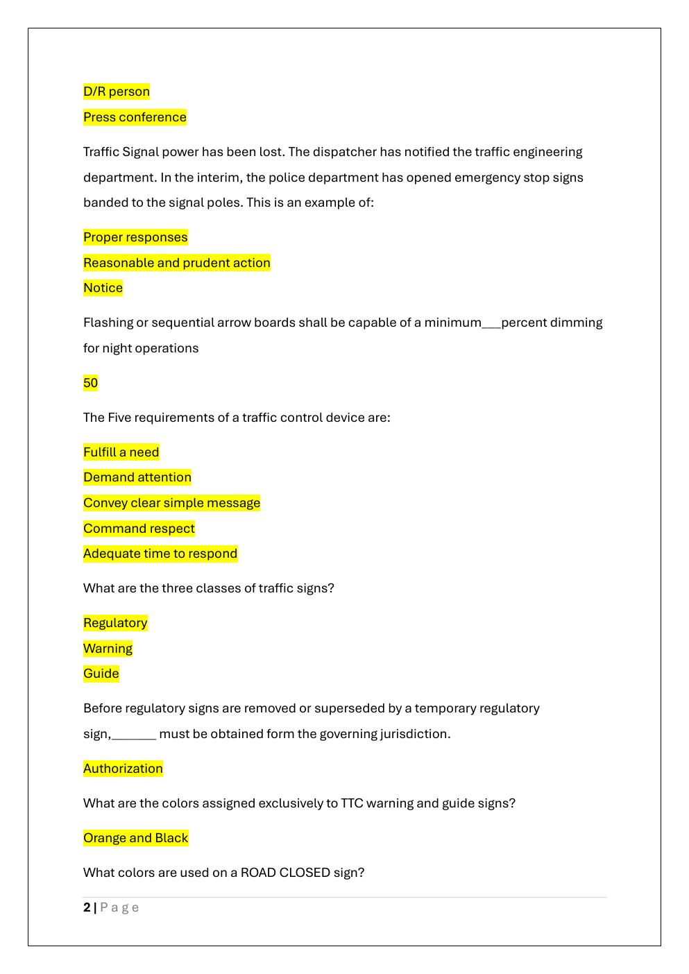 Preview page 2 of WORK ZONE TEMPORARY TRAFFIC  CONTROL TECH PRE-QUIZ EXAM