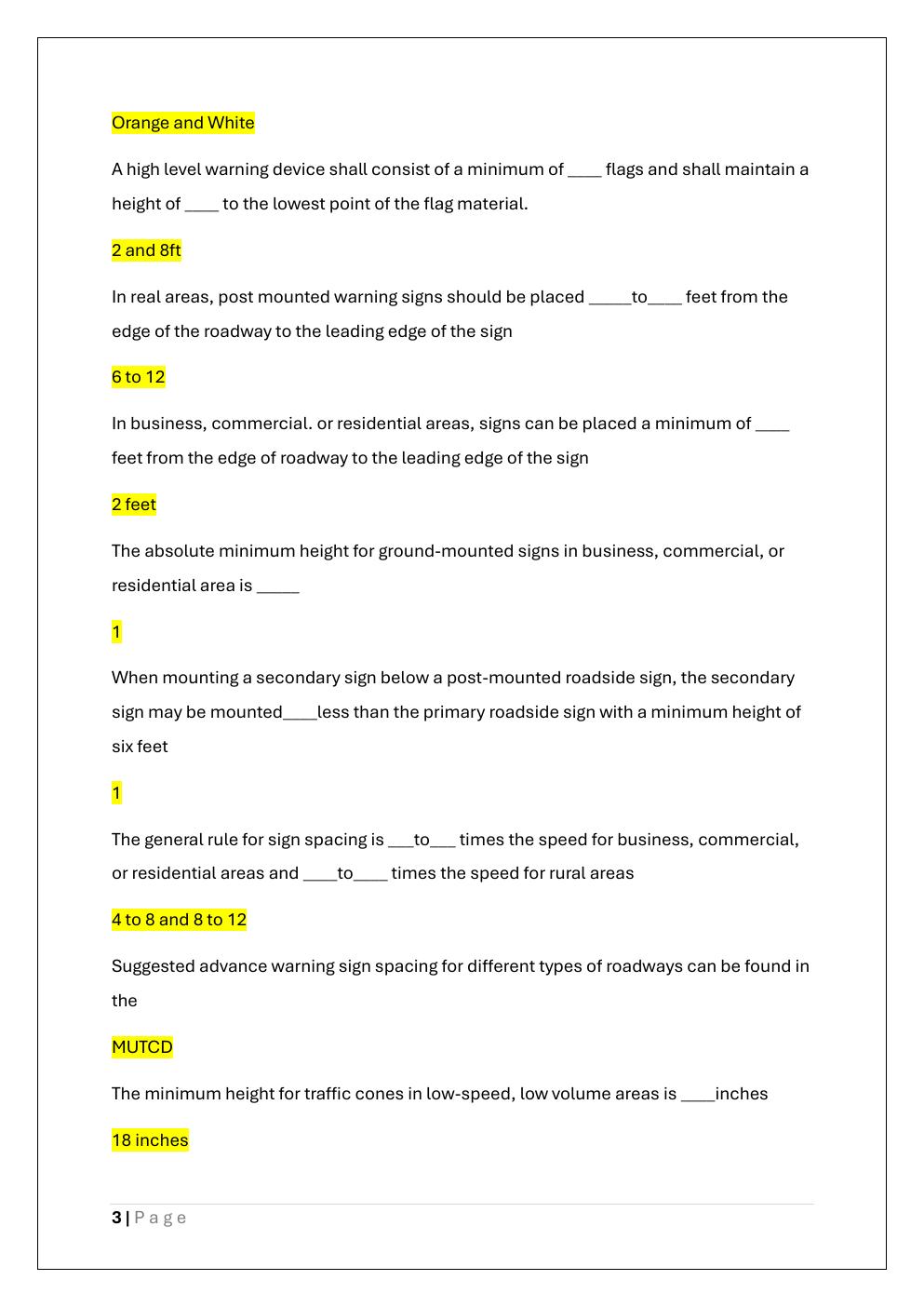 Preview page 3 of WORK ZONE TEMPORARY TRAFFIC  CONTROL TECH PRE-QUIZ EXAM