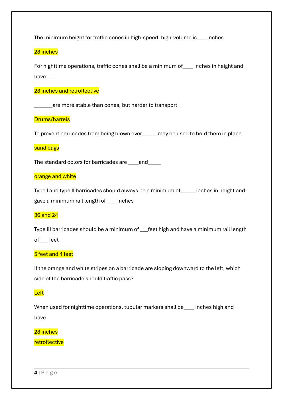 Preview page 4 of WORK ZONE TEMPORARY TRAFFIC  CONTROL TECH PRE-QUIZ EXAM