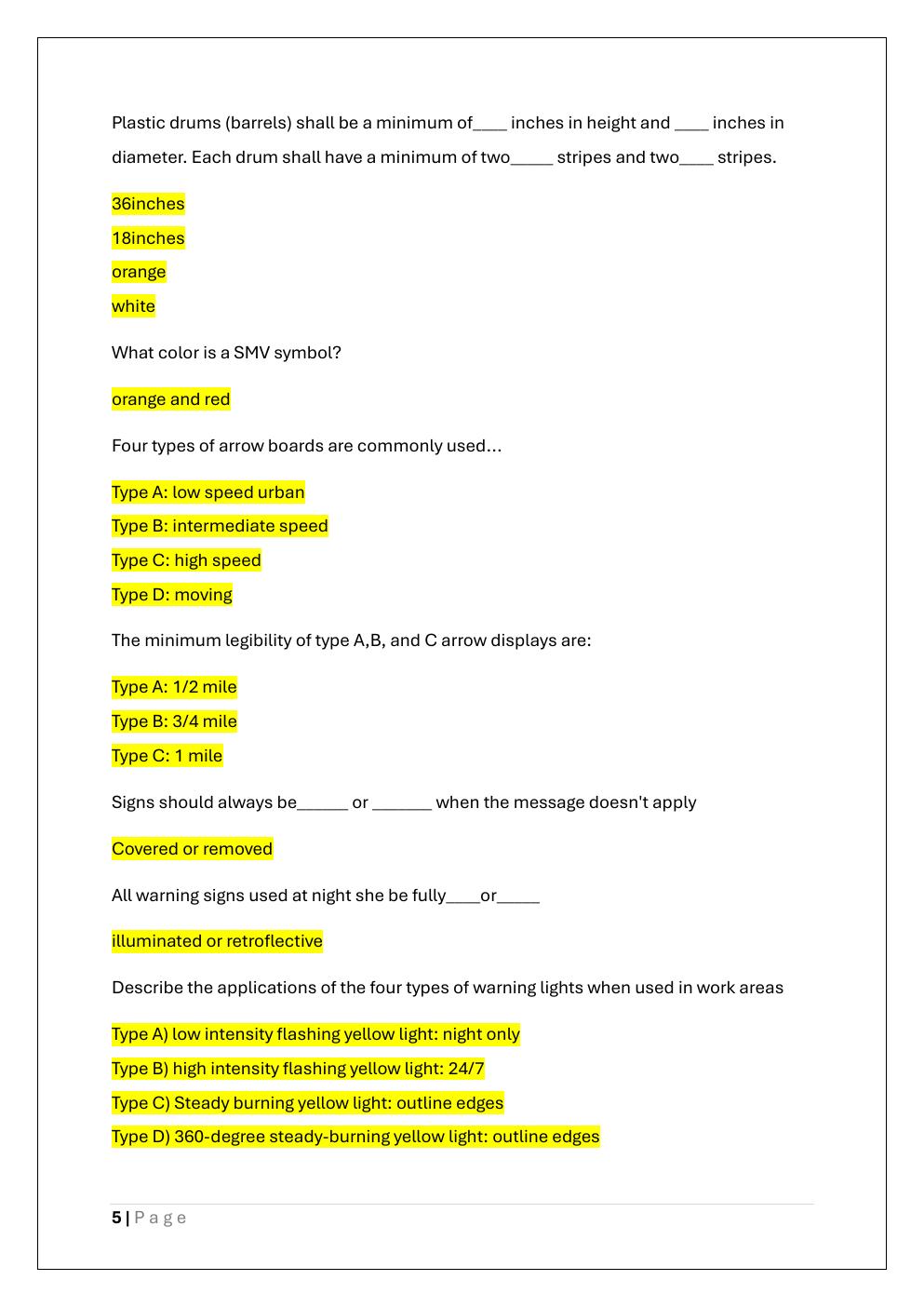 Preview page 5 of WORK ZONE TEMPORARY TRAFFIC  CONTROL TECH PRE-QUIZ EXAM