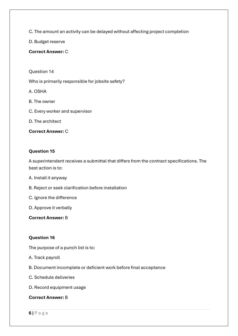 Preview page 6 of NCCER CONSTRUCTION SUPERINTENDENT  CERTIFICATION EXAM