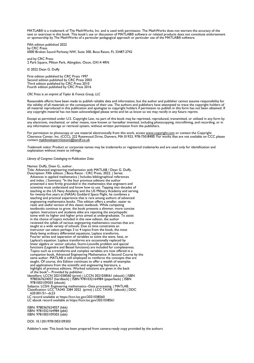 Preview page 5 of eBook [PDF] Advanced Engineering Mathematics with MATLAB Advances in Applied Mathematics 5th Edition Dean G. Duffy