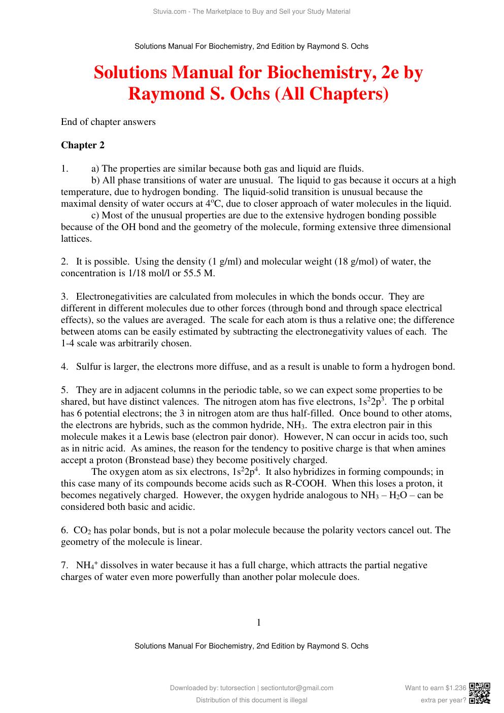 Preview page 3 of Solutions Manual For Biochemistry, 2nd Edition by Raymond S. Ochs