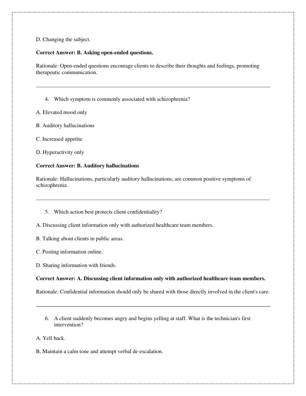 Preview page 2 of Behavioral Health Technician (BHT) Certification Practice Exam with  verified answers with rationales