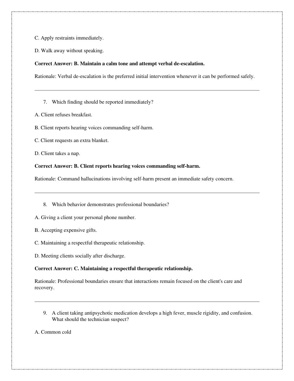 Preview page 3 of Behavioral Health Technician (BHT) Certification Practice Exam with  verified answers with rationales