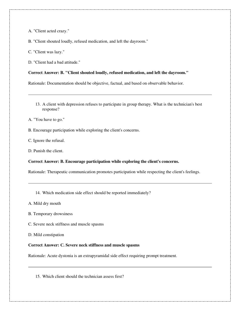 Preview page 5 of Behavioral Health Technician (BHT) Certification Practice Exam with  verified answers with rationales