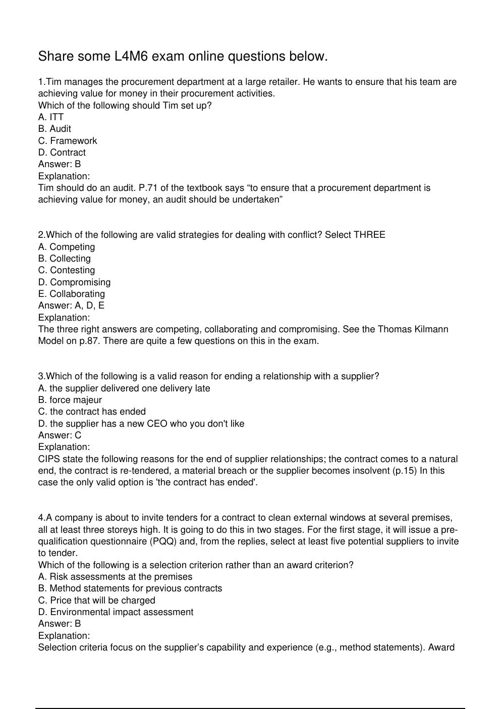 Preview page 2 of L4M6 CIPS Level 4 Diploma in Procurement and Supply Exam Practice Questions