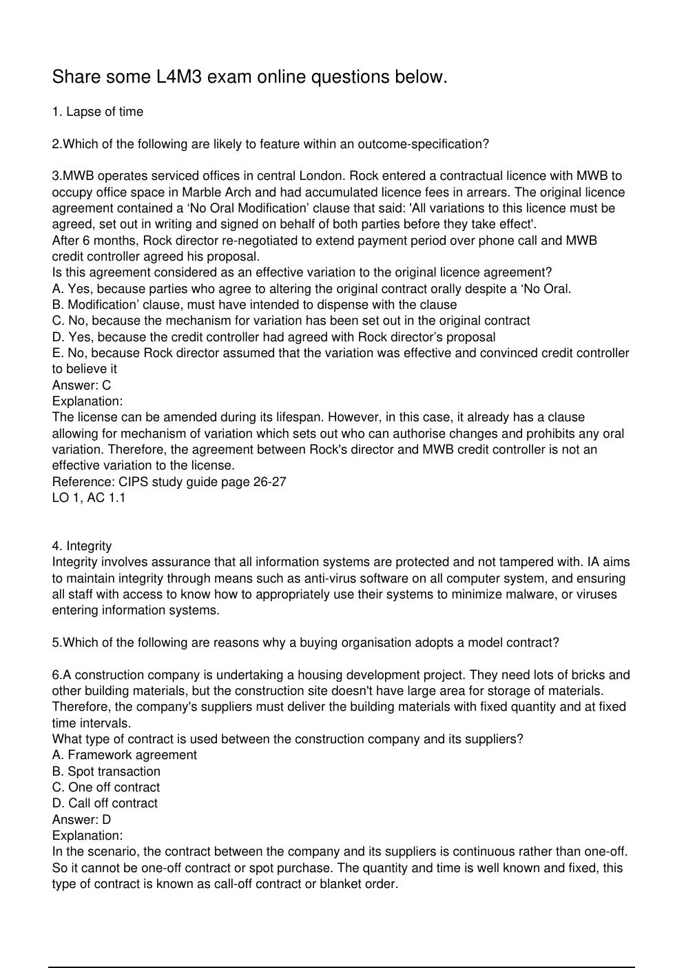 Preview page 2 of L4M3 CIPS Level 4 Diploma in Procurement and Supply Exam Practice Questions