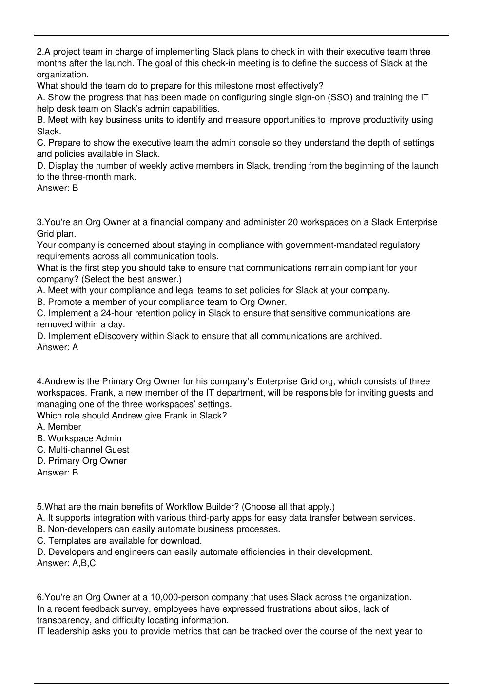 Preview page 2 of Slack Admn 201 Salesforce Exam Practice Questions | Designed for IT professionals, system administrators, and students p