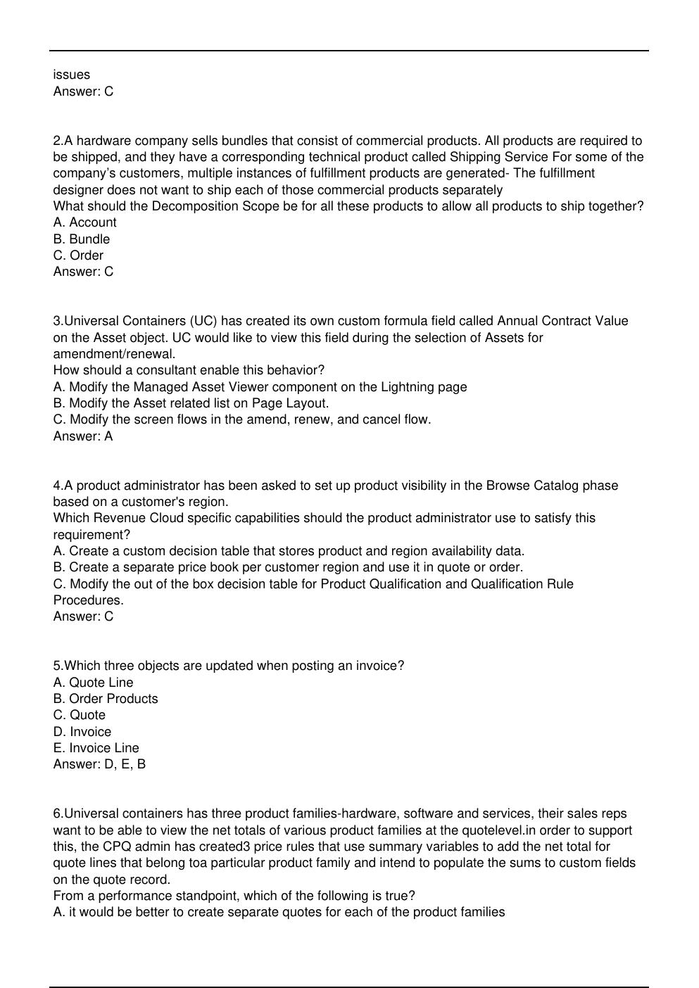 Preview page 2 of AP 223 Salesforce Exam Practice Questions for Revenue  Cloud Consultant Certification certification.