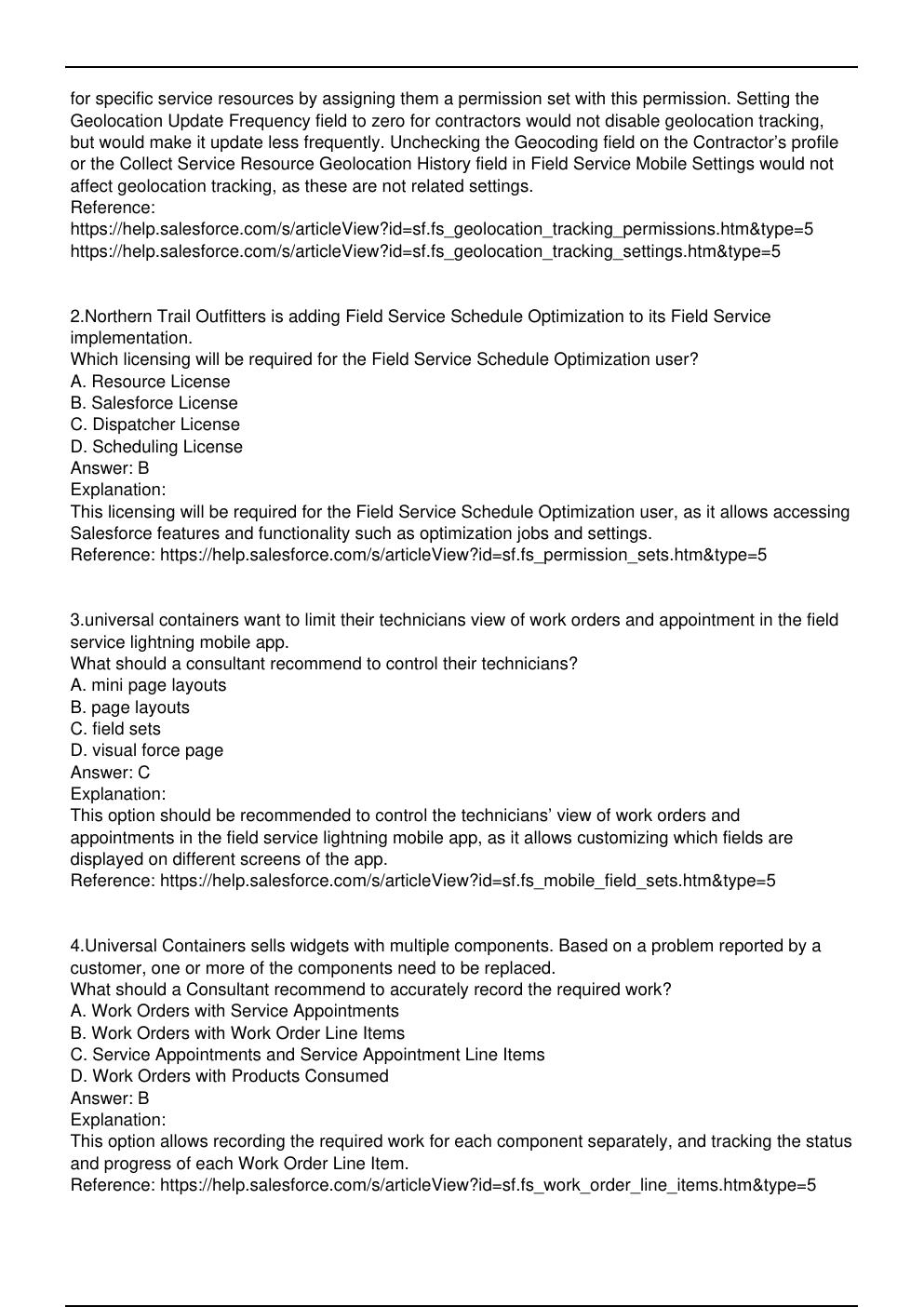 Preview page 2 of FS-Con-101 Salesforce Exam Practice Questions for Field Service Lightning program certification.
