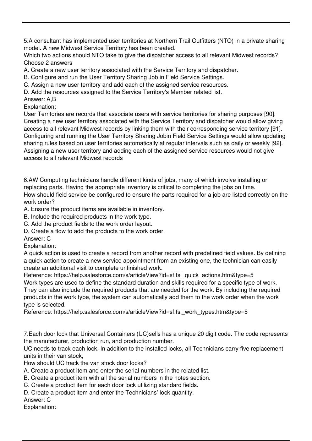 Preview page 3 of FS-Con-101 Salesforce Exam Practice Questions for Field Service Lightning program certification.