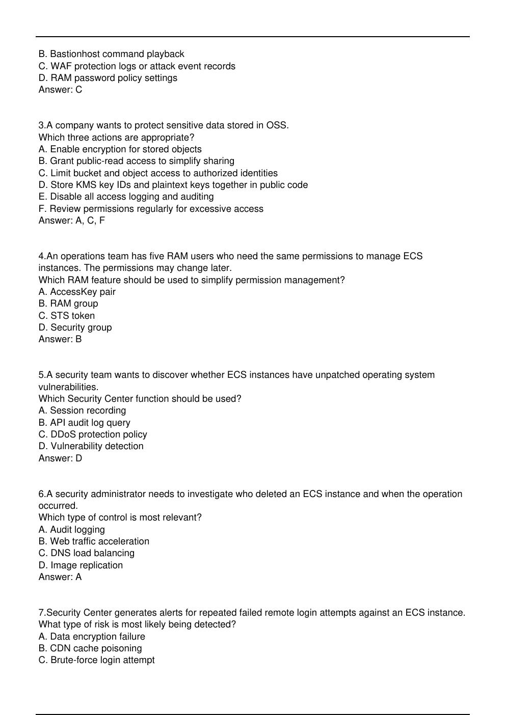 Preview page 2 of CSA C01 Exam Practice Questions for  Alibaba Cloud Associate certification.