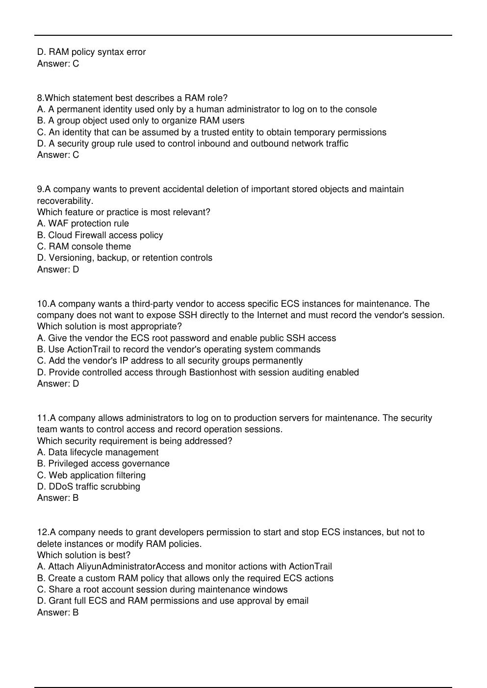 Preview page 3 of CSA C01 Exam Practice Questions for  Alibaba Cloud Associate certification.