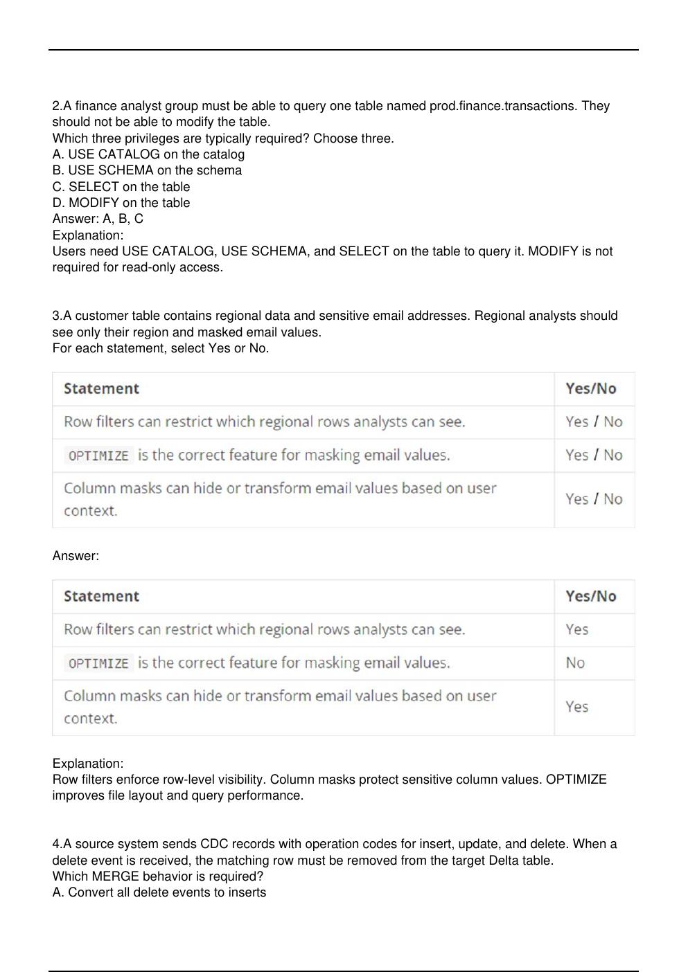 Preview page 2 of DP 750 Microsoft Exam Practice Questions for Microsoft  Certified: Azure Databricks Data Engineer Associate certificatio