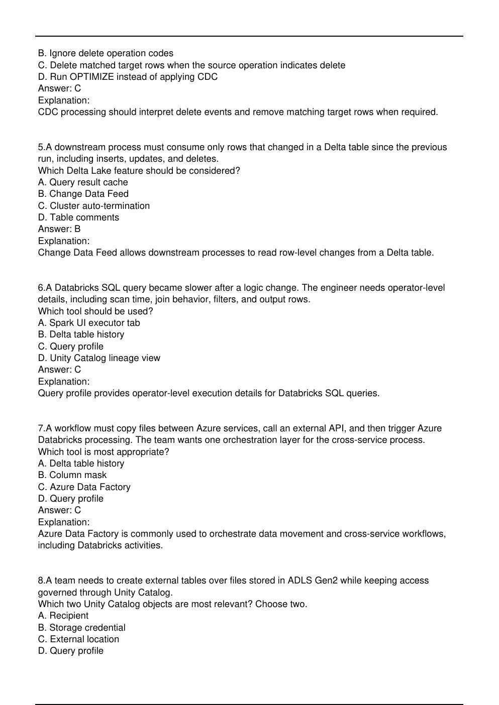 Preview page 3 of DP 750 Microsoft Exam Practice Questions for Microsoft  Certified: Azure Databricks Data Engineer Associate certificatio