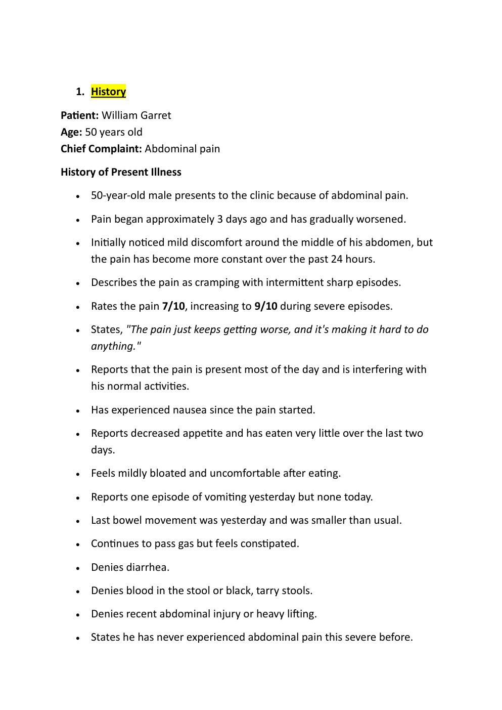 Preview page 3 of WILLIAM GARRET  IHUMAN CASE STUDY. REASON FOR  ENCOUNTER: ABDOMINAL PAIN.